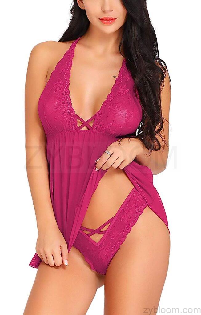 Floral Lace Babydoll in Polyamide Spandex: A Seductive and Comfortable Sleepwear for Women | Free Size | Pink